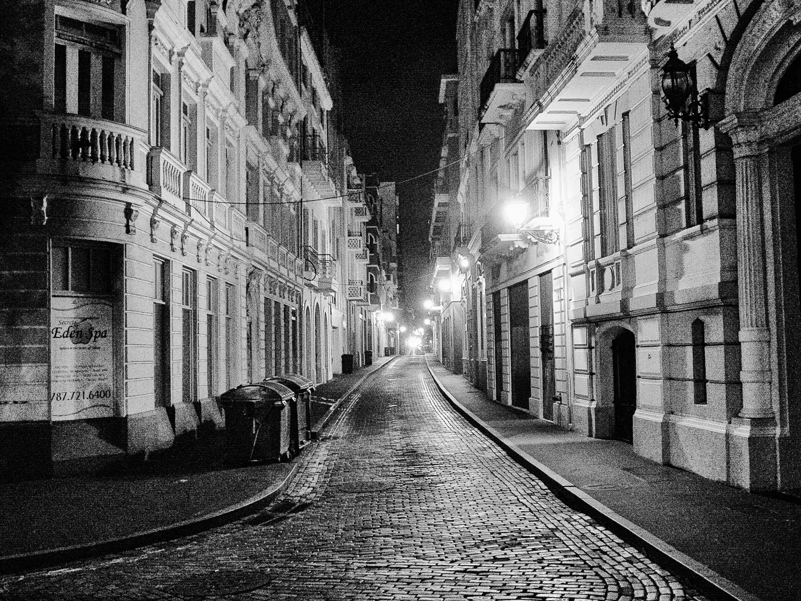 Calle Tetuán illuminated at night in Old San Juan, Puerto Rico